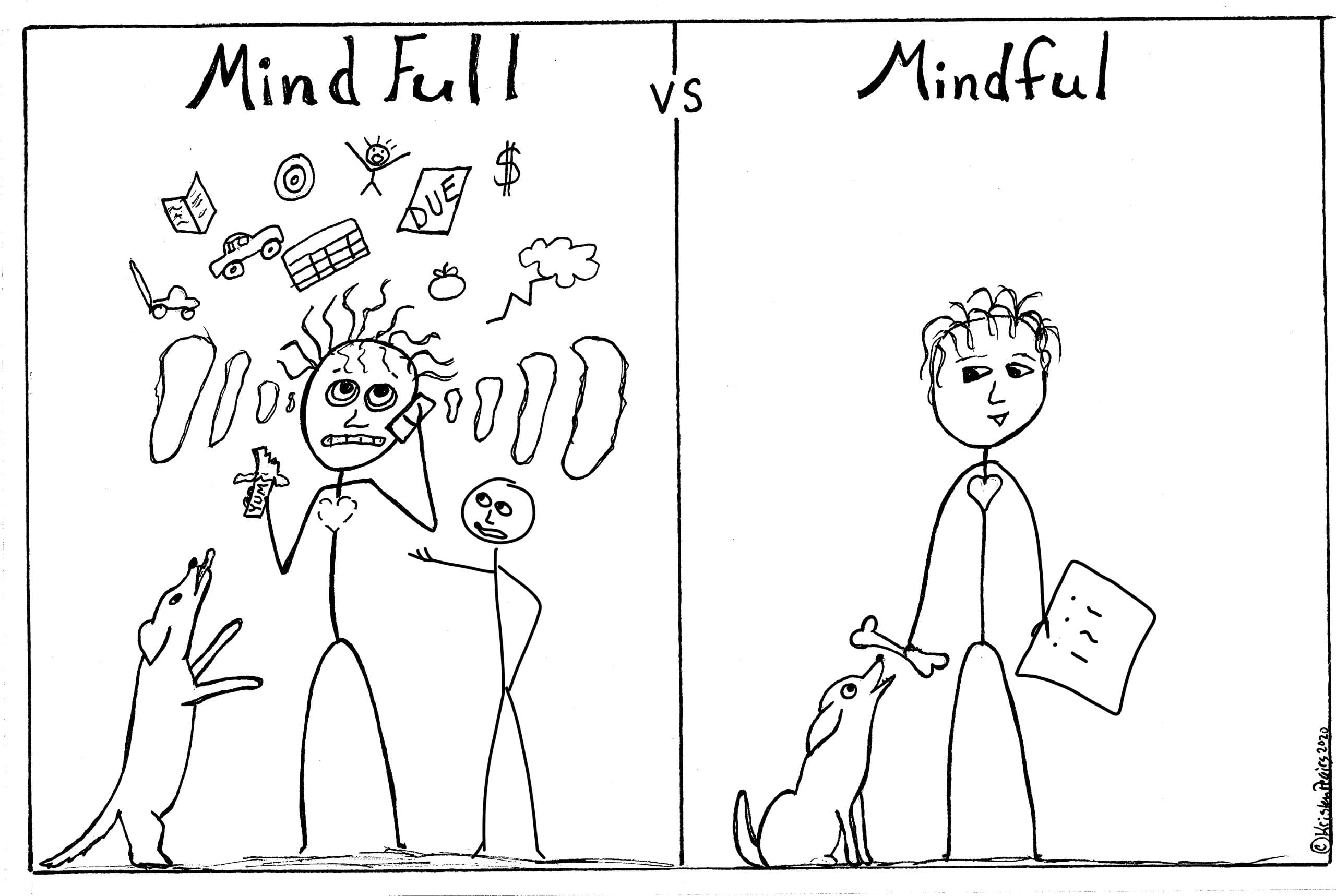 Kristen’s drawing contrasts a person overwhelmed by demands with a person calmly noticing the present moment