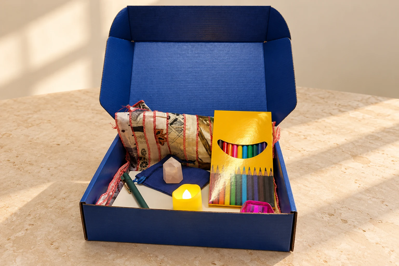 The Pause blue box with a scarf, crystal, colored pencils, pen, and retreat materials