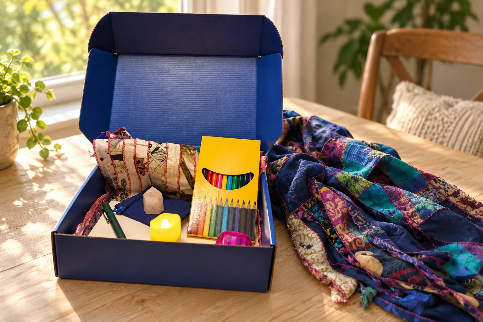 The Pause box and sari scarf on a table beside a window