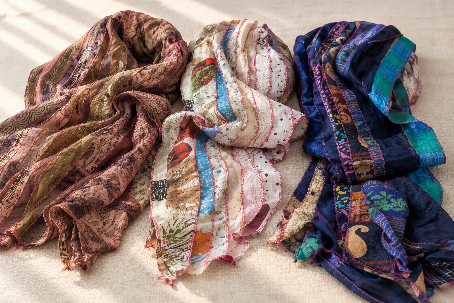 Three recycled sari scarves in brown, cream, and navy with colorful stitched patterns